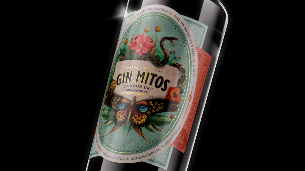 Gin Mitos premium gin bottle packaging and illustration design.